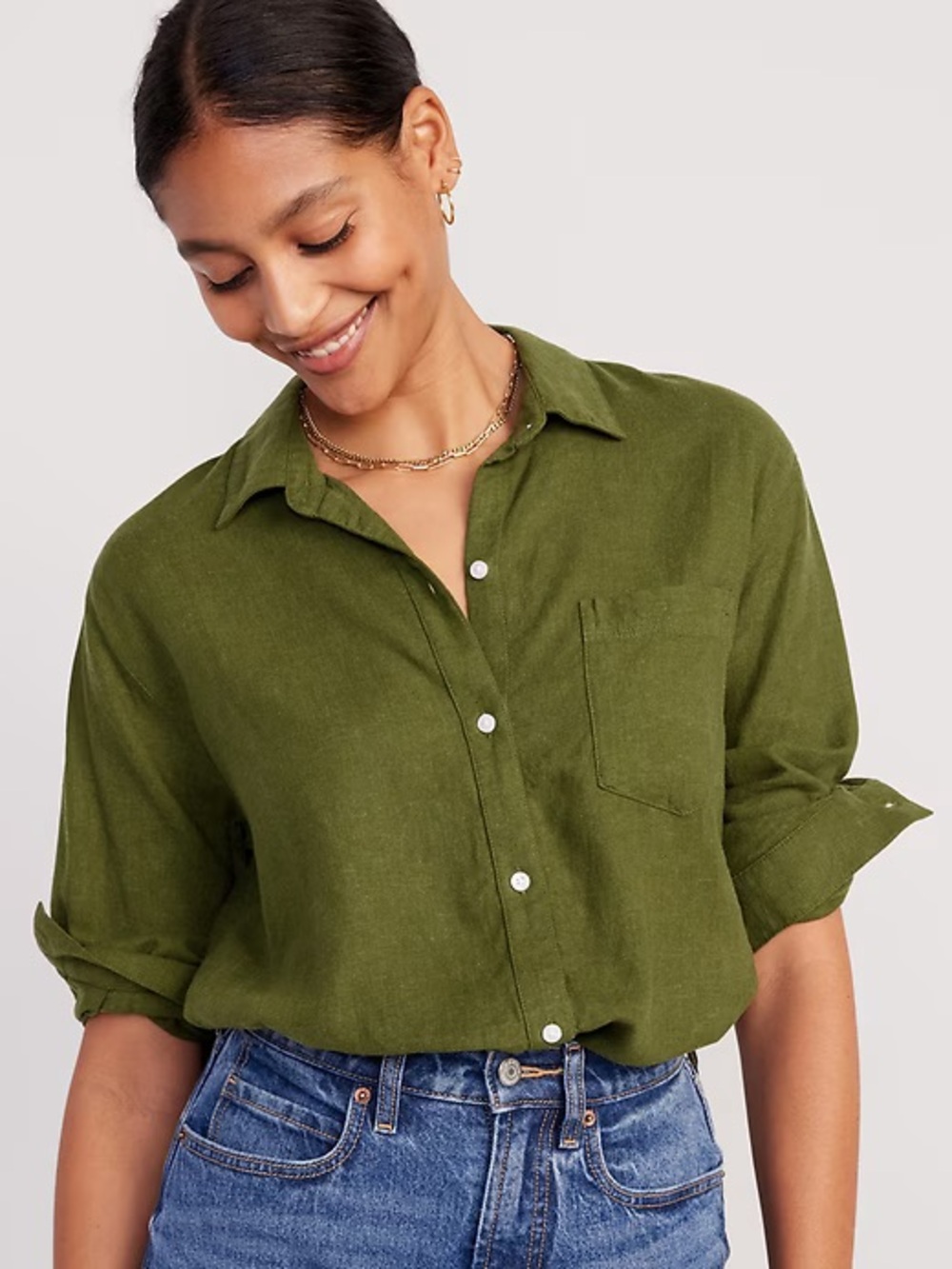 Old Navy Linen-Blend Boyfriend Shirt in Nori Seaweed Green L Large Long Sleeve
